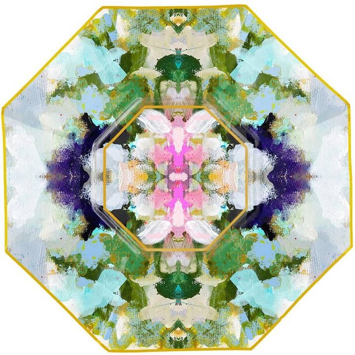 Octagonal decoupage glass plate with hand-painted gold edges and floral artwork.