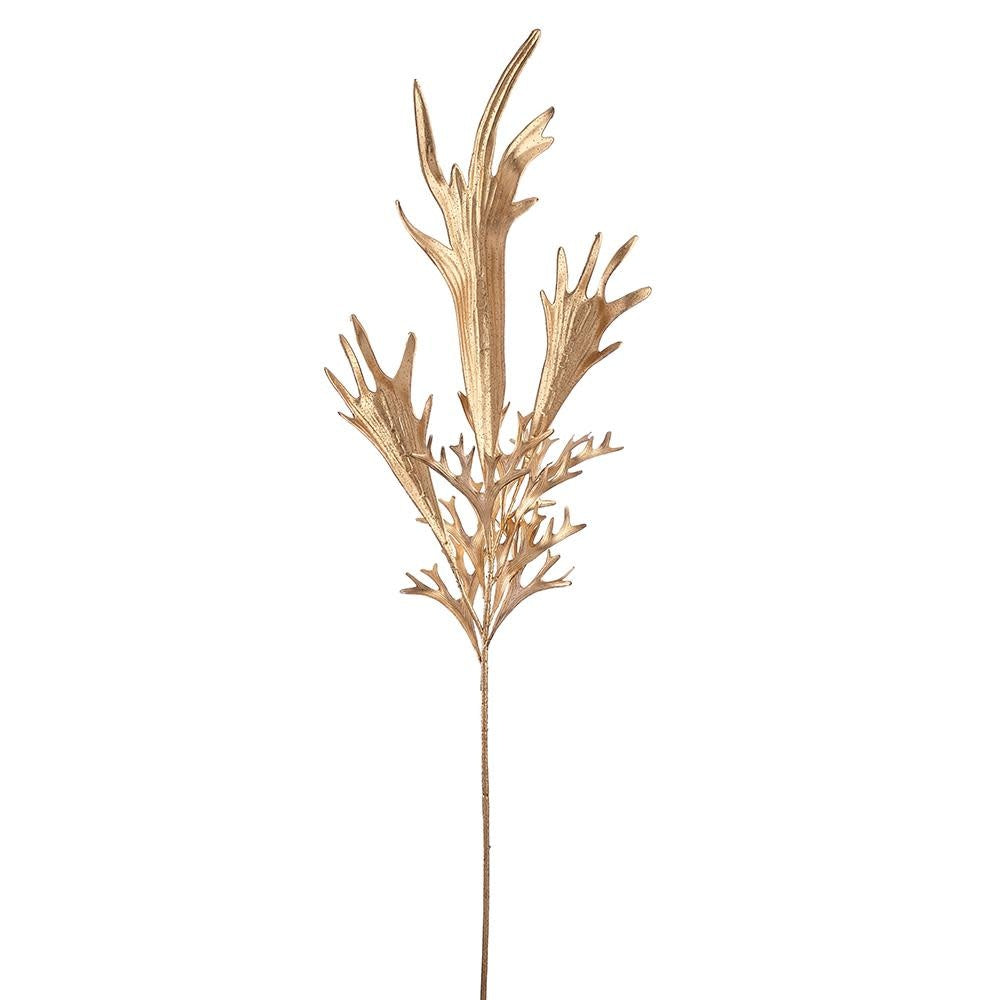 A 34.5-inch metallic gold staghorn fern spray made of plastic and wire.