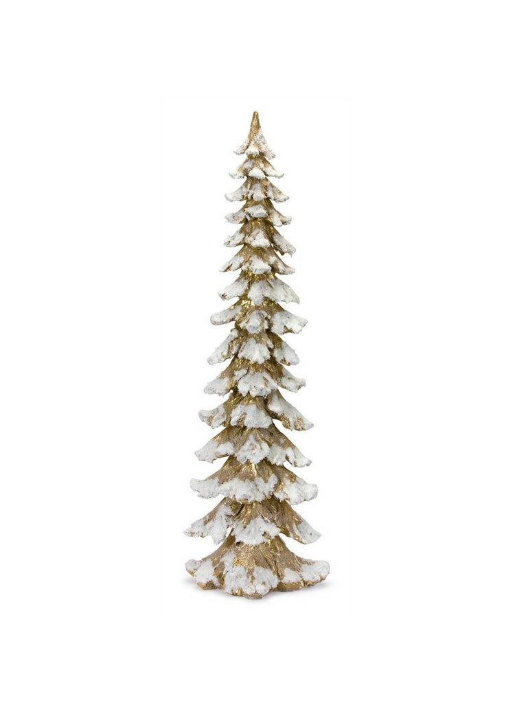 34.5-inch tall resin Christmas tree with a gold finish and white snowy texture on the branches.