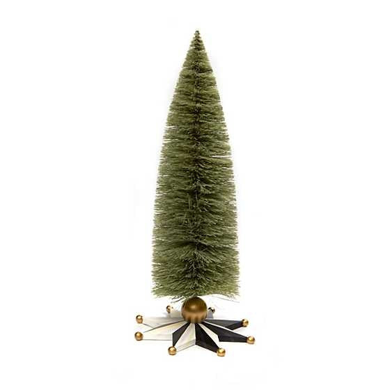 Large farmhouse bottle brush tree with sisal branches on a dimensional resin star base accented with golden balls.