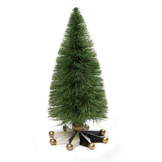 Small resin farmhouse bottle brush tree with sisal foliage on a dimensional star base accented by golden balls.