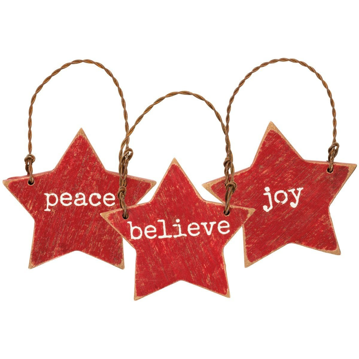 Wooden Slat Ornament with metal star accents in a beach-inspired palette featuring twisted wire hanging loops.