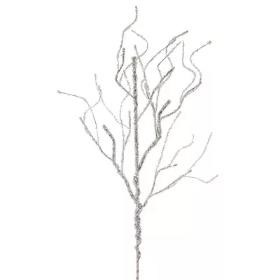 34-inch silver glittery twig spray made of plastic for holiday decor.