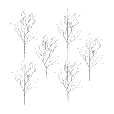 Five silver glittery twig sprays with a plastic construction for holiday decor.