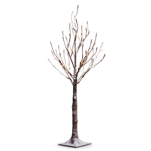3.5-foot tall artificial brown tree with snowy texture and 96 warm white LED lights.