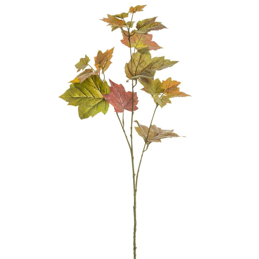 A 35-inch artificial maple leaf spray featuring vibrant orange and green foliage on a wire stem.