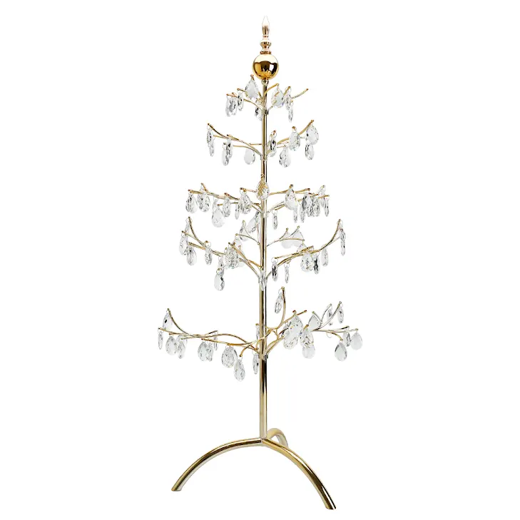 35-inch gold metal Christmas tree with hanging crystal-style ornaments and a tripod base.