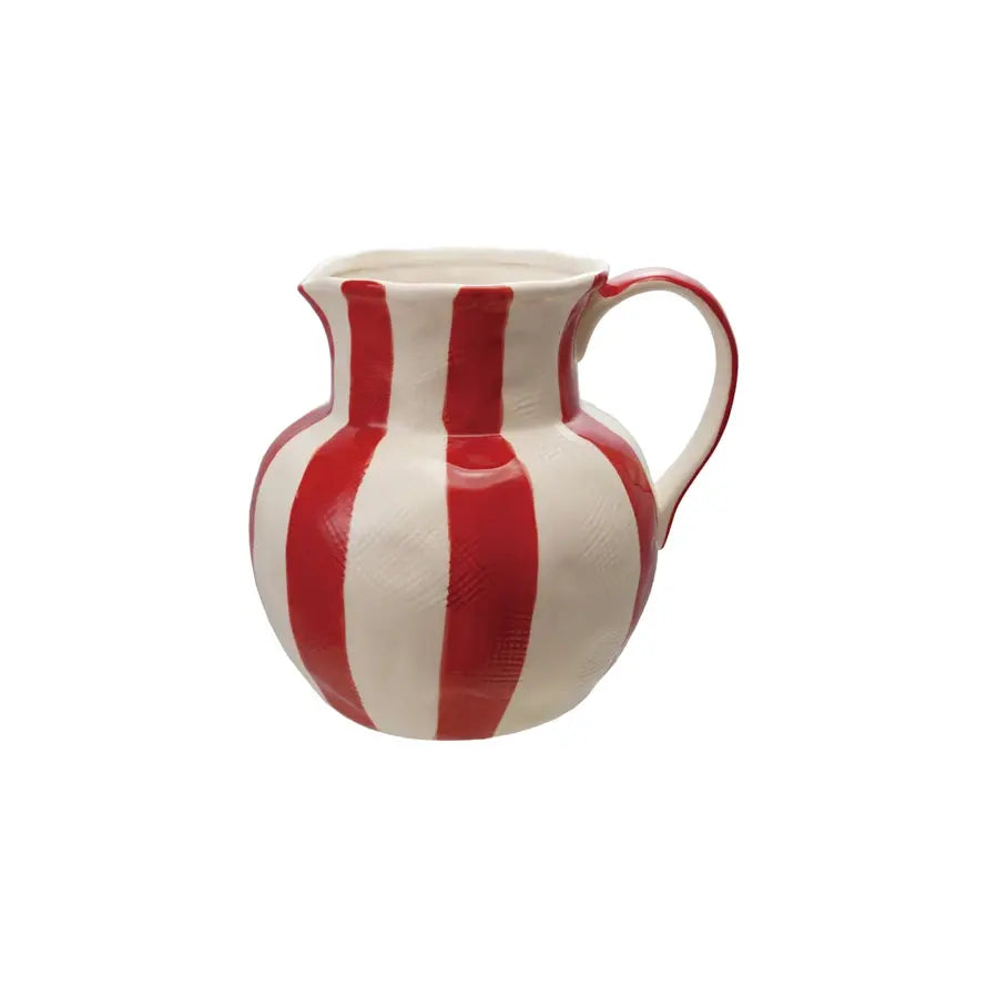 3.5-quart stoneware pitcher with a rounded silhouette and red and white vertical striped pattern.