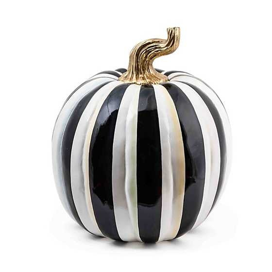 Large glossy resin Courtly Stripe pumpkin with hand-painted stripes, gold leaf stem trim, and a silhouette measuring 10 inches wide by 15 inches tall.