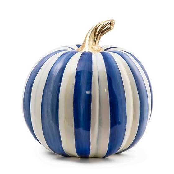 Medium Royal Stripe pumpkin with hand-painted stripes, gold leaf stem, measuring 10.5 inches wide and 11 inches tall.