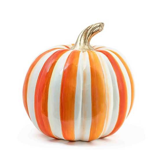 Hand-painted resin pumpkin with orange stripes, gold leaf stem, measuring 11 inches tall.