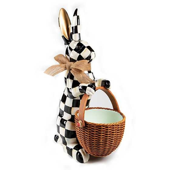 Resin bunny figurine with Courtly Check fabric bow holding a wicker-style basket.
