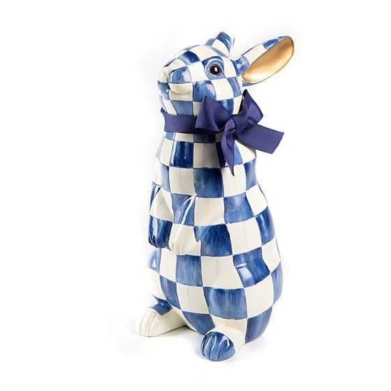 Resin standing bunny figurine in royal checkered blue fabric with golden ears and a blue grosgrain ribbon bow.