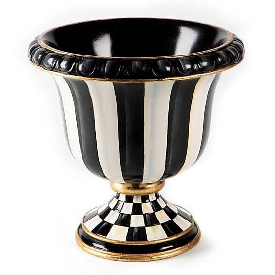 Hand-painted black and white striped resin tabletop urn with golden embellishments.