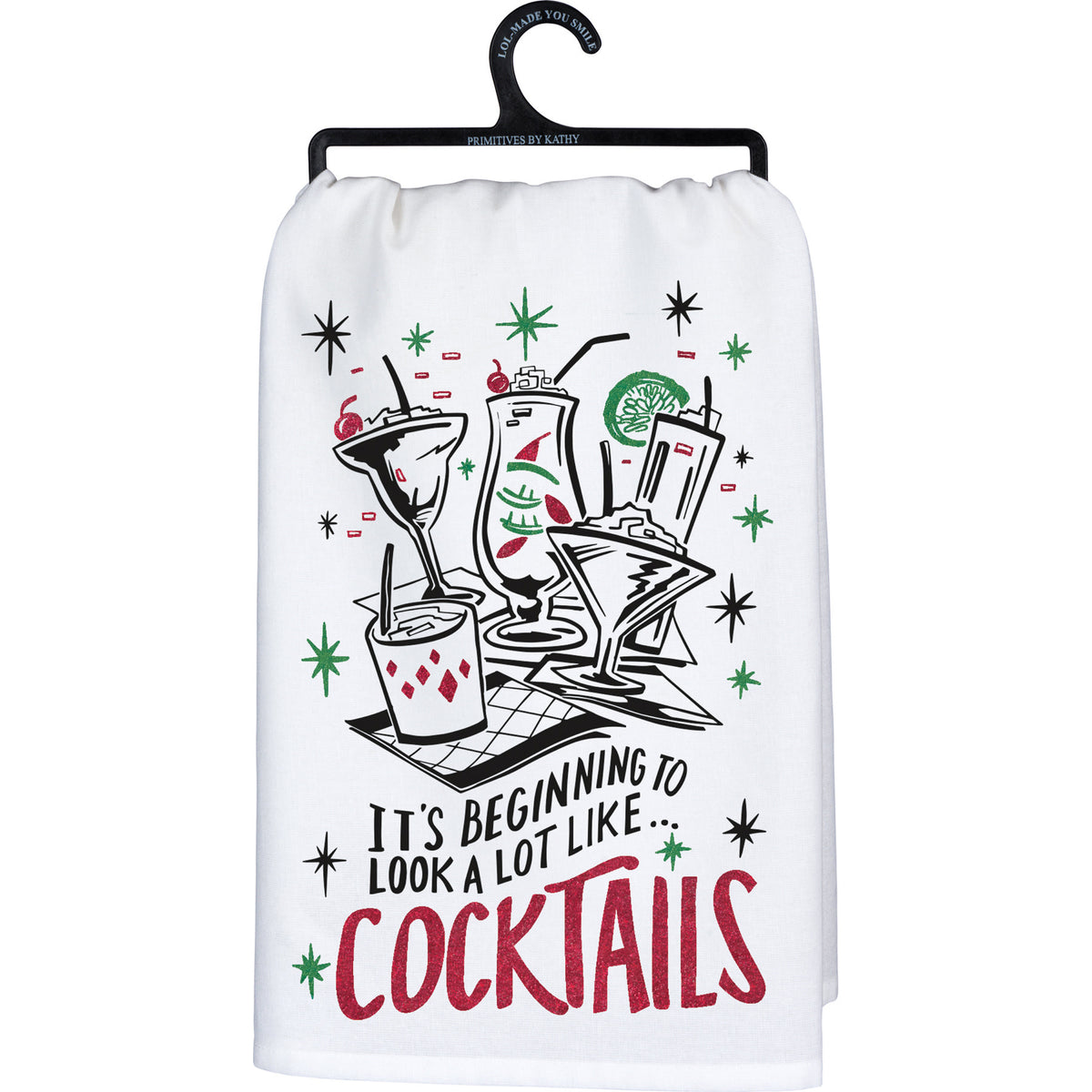Black cotton kitchen towel with white text reading Remember As Far As Anyone Knows We Are A Nice & Normal Family