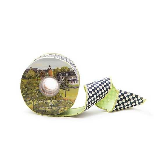 A roll of 2.5-inch wired ribbon featuring a black and white check pattern with spring green backing.