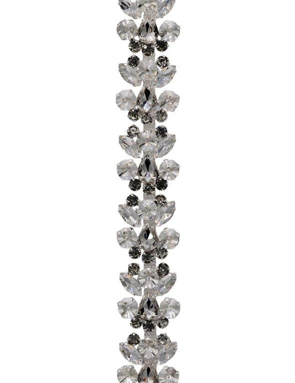 36-inch clear crystal chain featuring a repeating floral-inspired pattern with metal hooks.