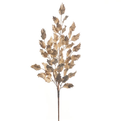 36-inch gold glittered plastic holly leaf spray with a flexible stem.
