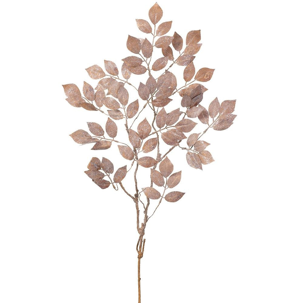 36-inch brown glittered rose leaf spray with delicate fabric leaves on a wire stem.