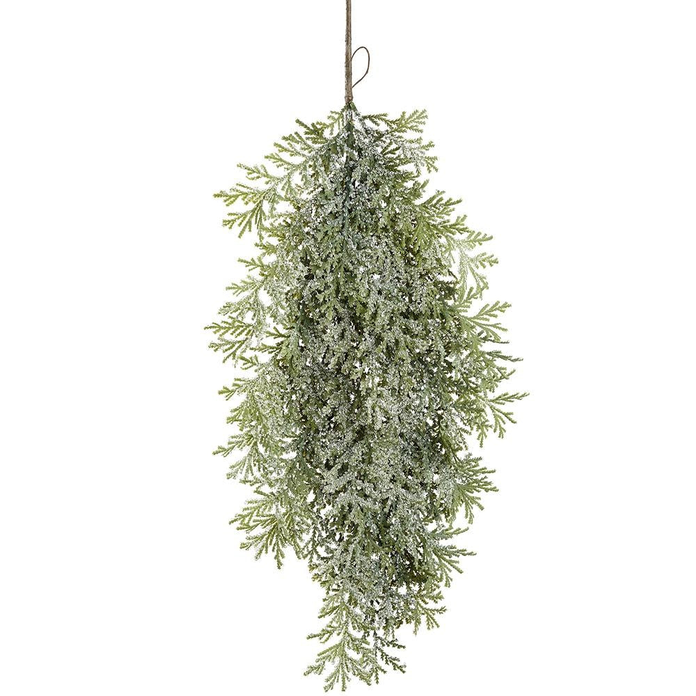 36-inch iced cedar teardrop decoration in green with a frosted, snowy finish.