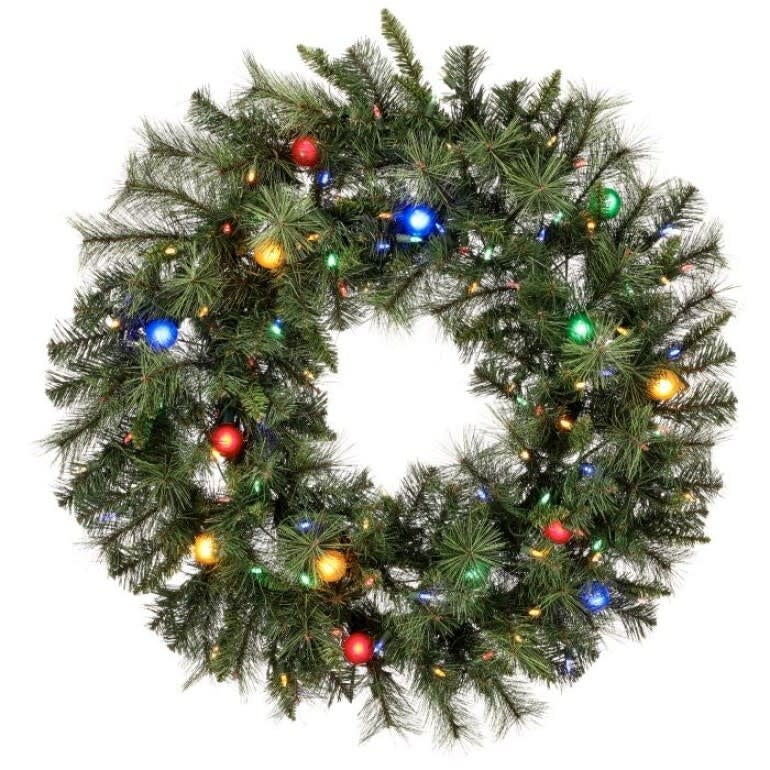 36-inch artificial Christmas wreath with green pine needles, 100 LED lights, and 14 G40 bulbs.