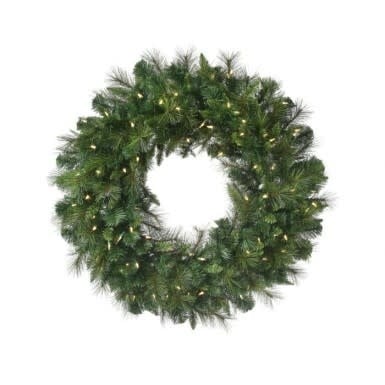 36-inch round artificial green Christmas wreath decorated with warm white string lights.