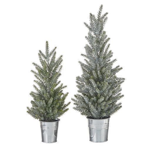 Plastic glittered tree in a bucket with silver sparkle finish
