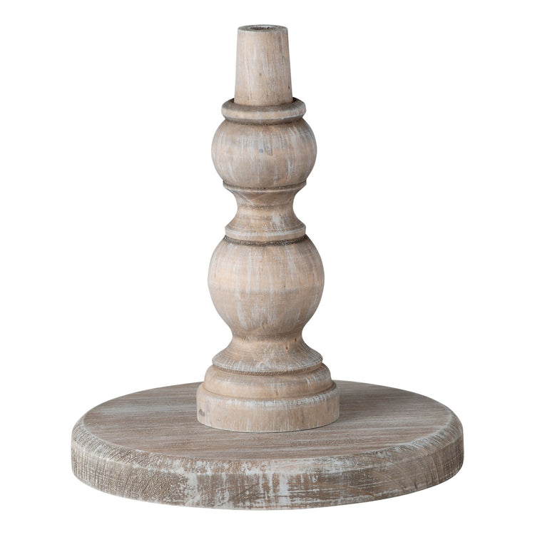 Neutral wood base stand designed to hold interchangeable decorative toppers.