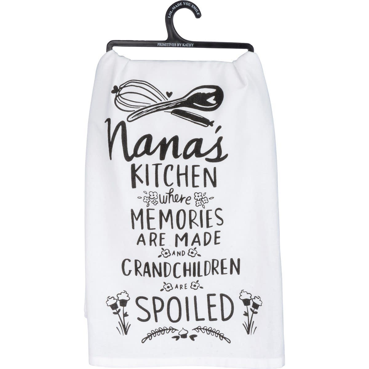 Black cotton kitchen towel with white text reading Remember As Far As Anyone Knows We Are A Nice & Normal Family