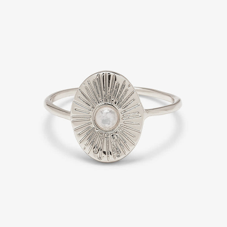 Silver Sun Ray ring featuring a sun motif with a glass opal stone center.