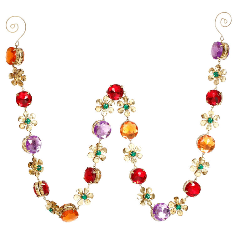 36-inch garland with faceted red, purple, and orange crystals and gold flower accents.