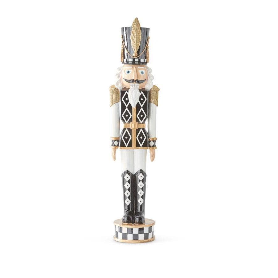 37-inch tall black and white polyresin soldier nutcracker with a diamond pattern and gold accents.