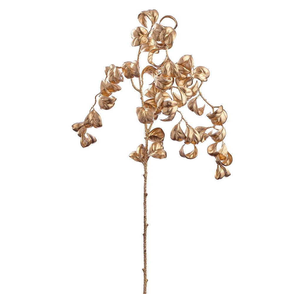 A 37-inch gold metallic curly ficus hanging spray made of plastic and wire.
