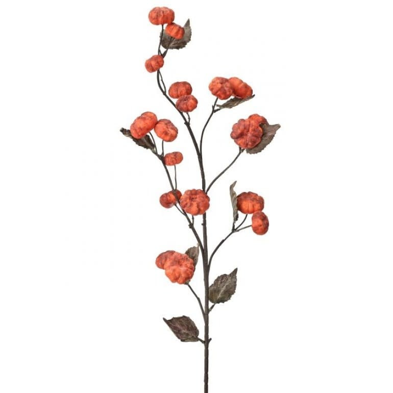 37-inch artificial spray featuring rustic orange mini pumpkins and dark leaves on a brown stem.