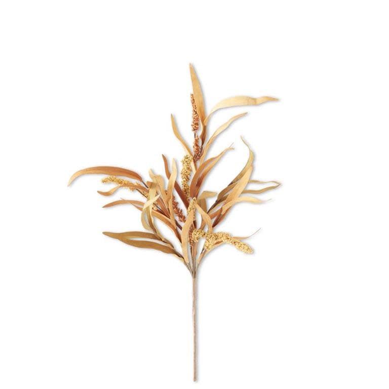 Artificial orange and tan eucalyptus leaves with yellow and orange spikes on a 24-inch stem.