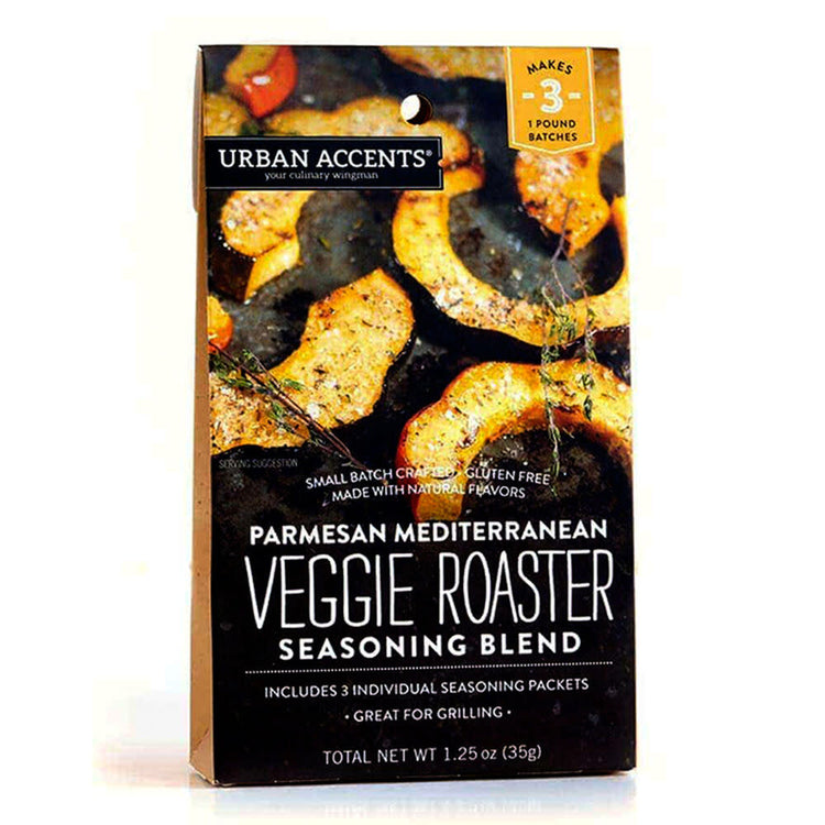 Parmesan Mediterranean Veggie Roaster seasoning blend in a clear jar with visible herbs and spices.
