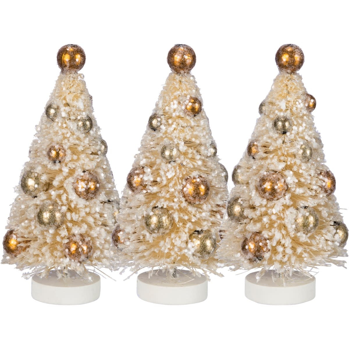 Cream bottle brush tree ornament with glittered bristles on a circular wooden base.