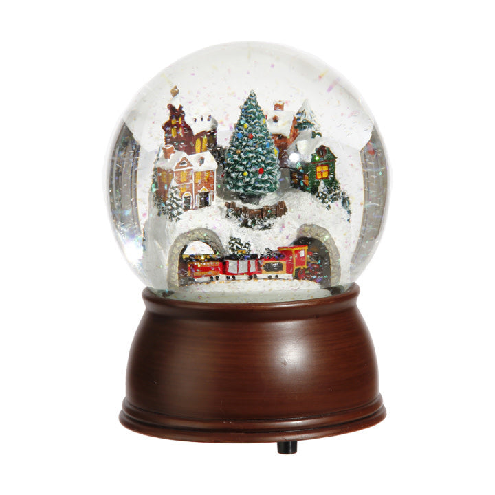 Resin wind-up musical water globe shaped as a house with train playing Over the River and Through the Woods