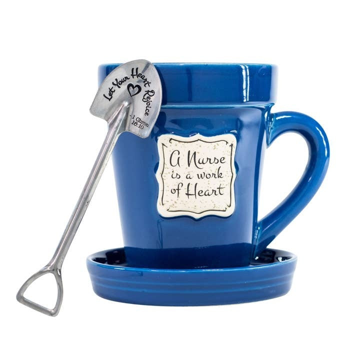 White ceramic flower pot mug with saucer lid and stainless steel garden spade spoon featuring scripture verse.