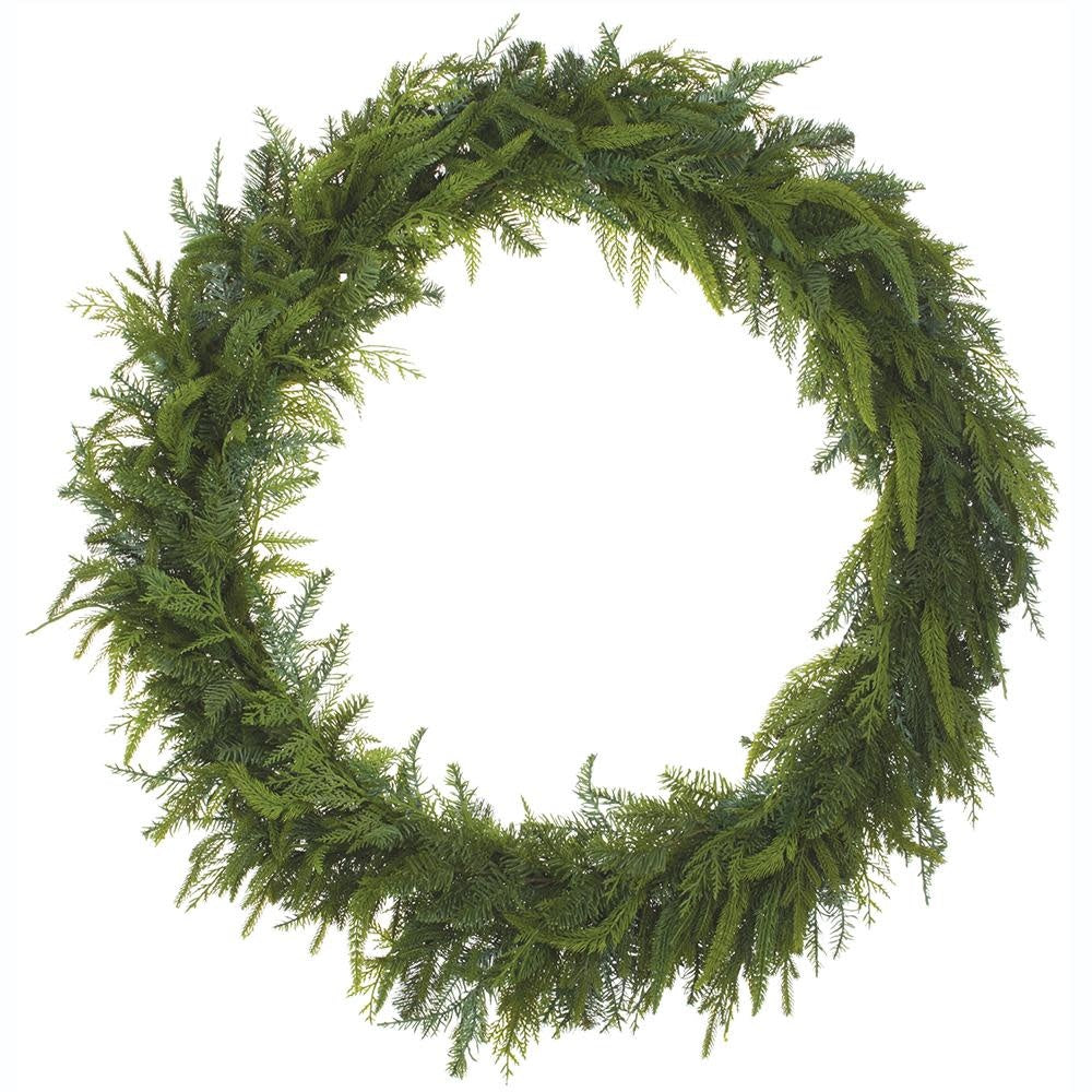 38-inch green artificial cedar and pine wreath with a lush, textured foliage design.