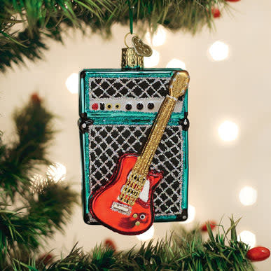 Red guitar-shaped Christmas ornament with gold amp detail