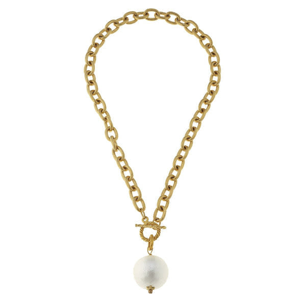 Triple-plated gold cotton pearl necklace with a toggle clasp