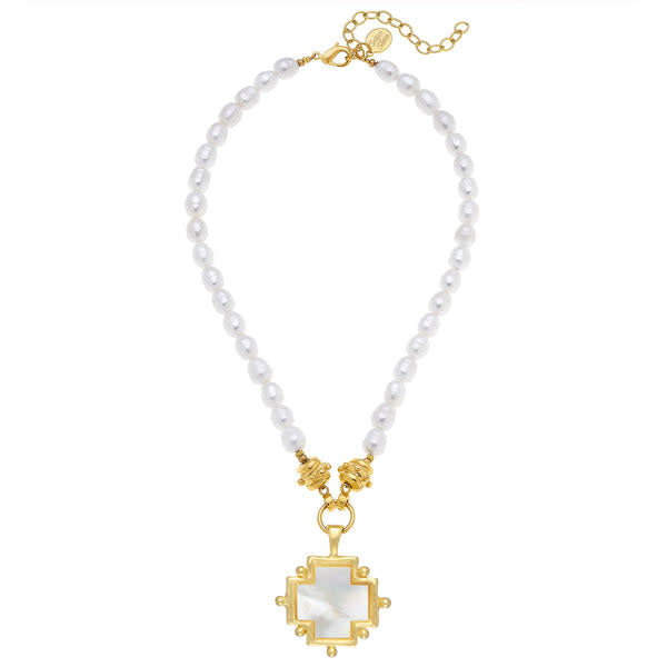 Mother of Pearl cross pendant on a freshwater pearl strand necklace