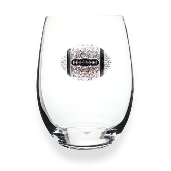Handcrafted stemless wine glass with jeweled embellishments around the rim in clear crystal.