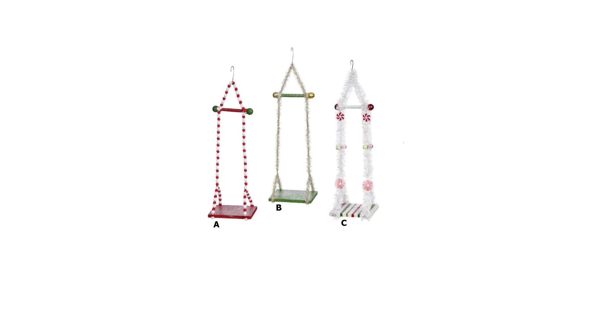 Three small single elf swing ornaments in assorted colors with detailed facial features.