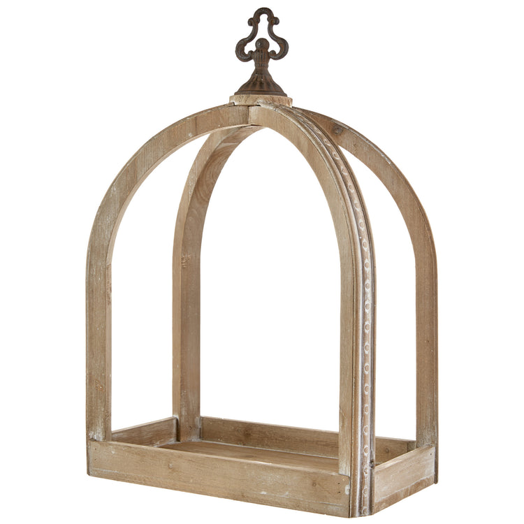 Iron lantern with wooden accents measuring 20.5 inches tall