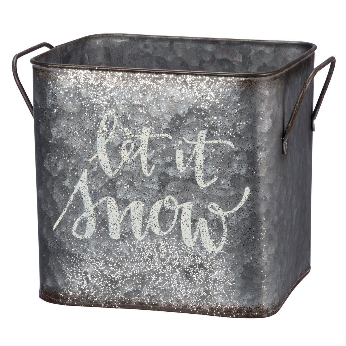 Two metal bins with dual handles featuring textured snowy coating and hand-lettered Let It Snow sentiments.