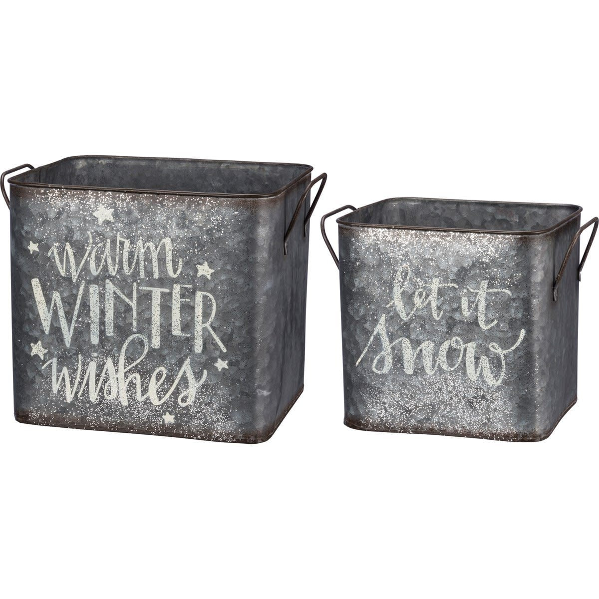 Two metal bins with textured snowy coating and hand-lettered 'Let It Snow' text.