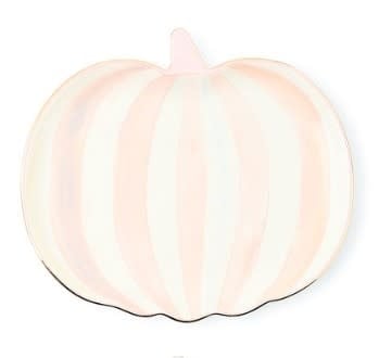 Ceramic dessert plate with hand-painted rosy check pumpkins in a Halloween pattern.