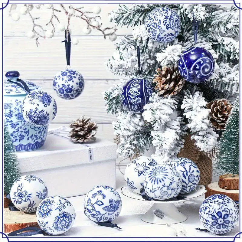 Blue and white porcelain Chinoiserie ball ornament with intricate floral patterns.